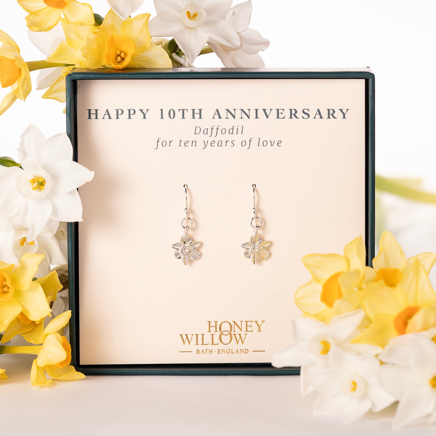 10th Anniversary Gift - Daffodil Flower Earrings - Silver