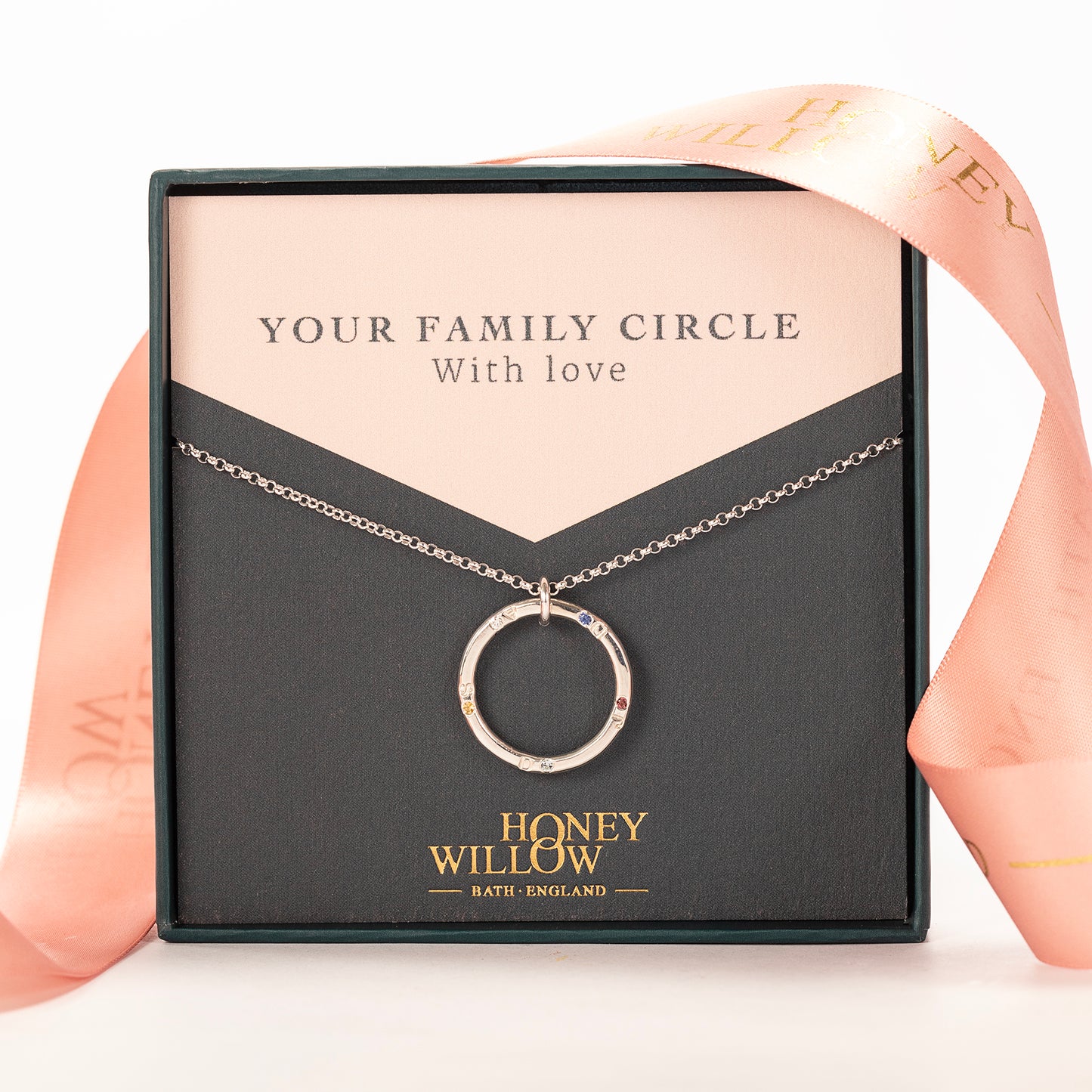 Family Circle Necklace - Birthstones & Initials - Silver
