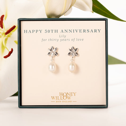 30th Anniversary Gift - Lily Earrings - Silver & Pearl