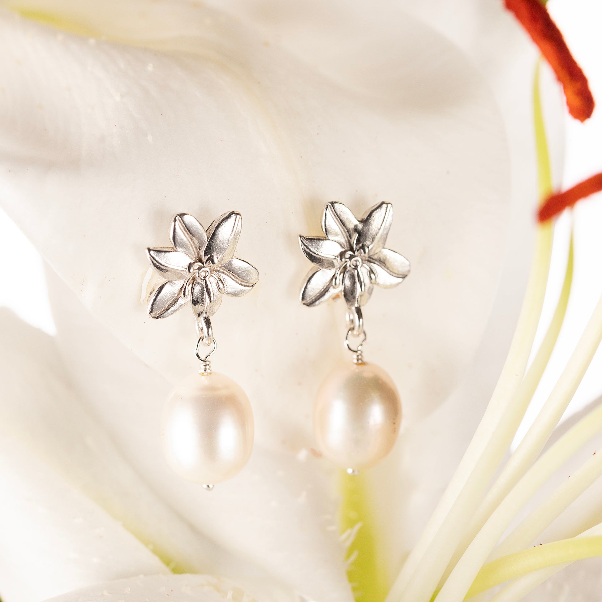 30th Anniversary Gift - Lily Earrings - Silver & Pearl