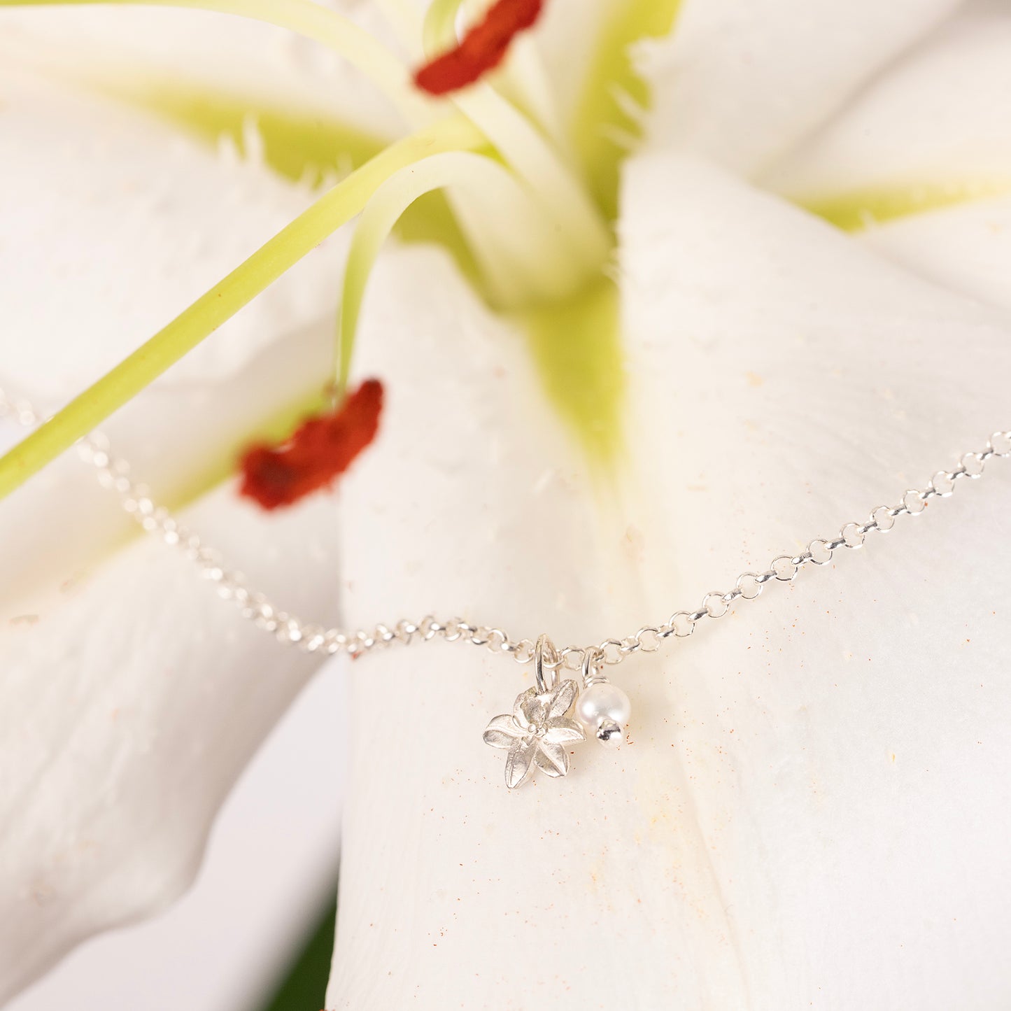Delicate Lily & Pearl Bracelet - Devotion - Silver