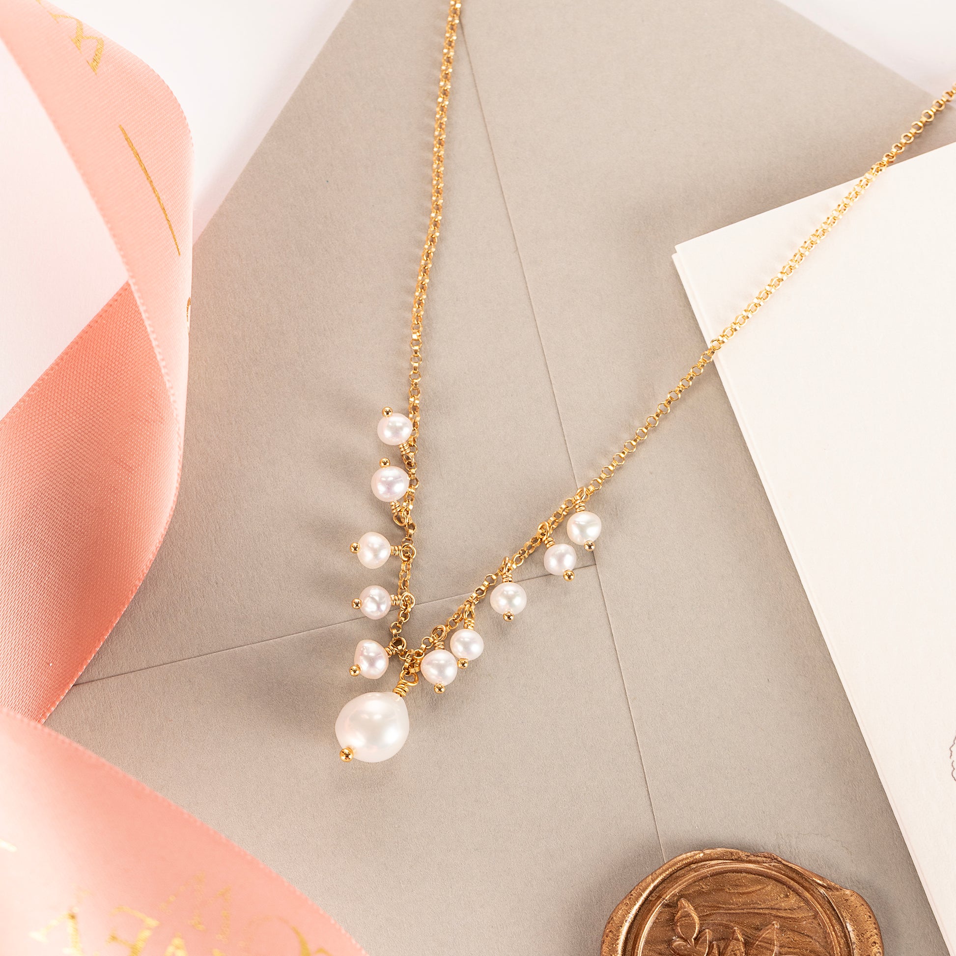 Freshwater Pearl V Necklace - Silver & Gold - Latona