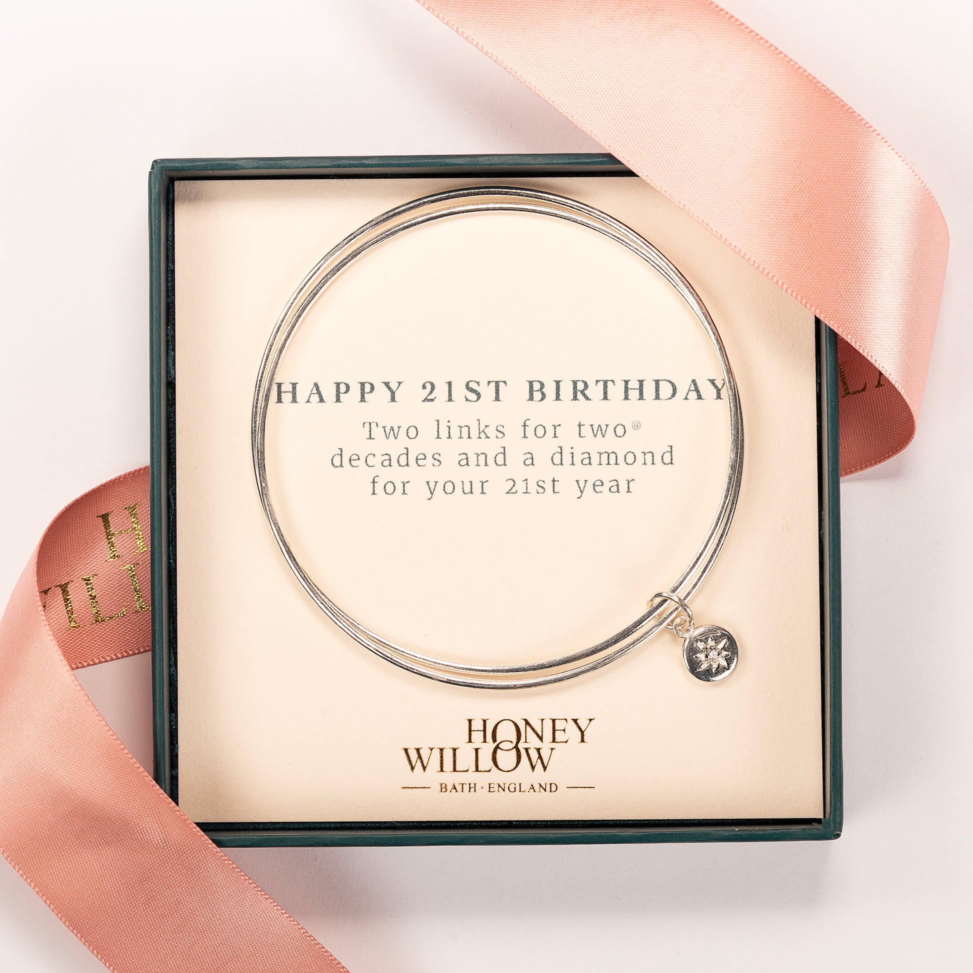 21st Birthday Bracelet - Double Linked Bangle with Lab-Grown Diamond - Silver