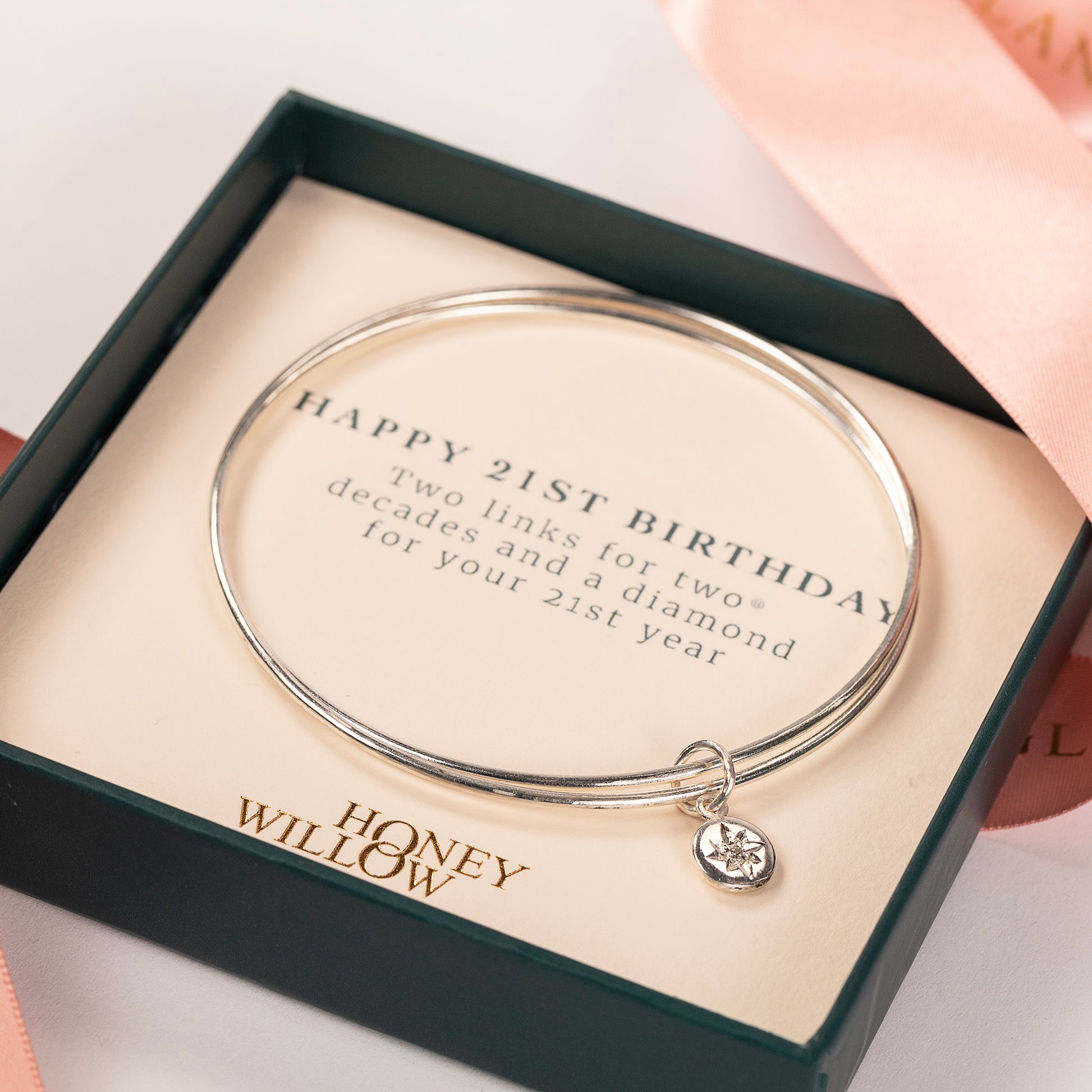 21st Birthday Bracelet - Double Linked Bangle with Lab-Grown Diamond - Silver