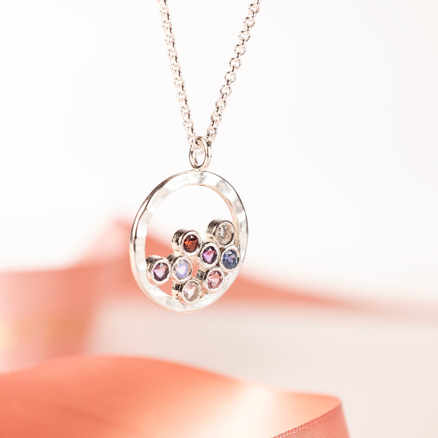 Family Birthstone Halo Necklace - 8 Birthstones for 8 Loved Ones - Silver