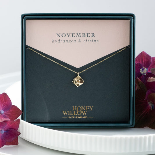 November Birth Flower & Birthstone Necklace - Hydrangea & Citrine - 9kt Gold