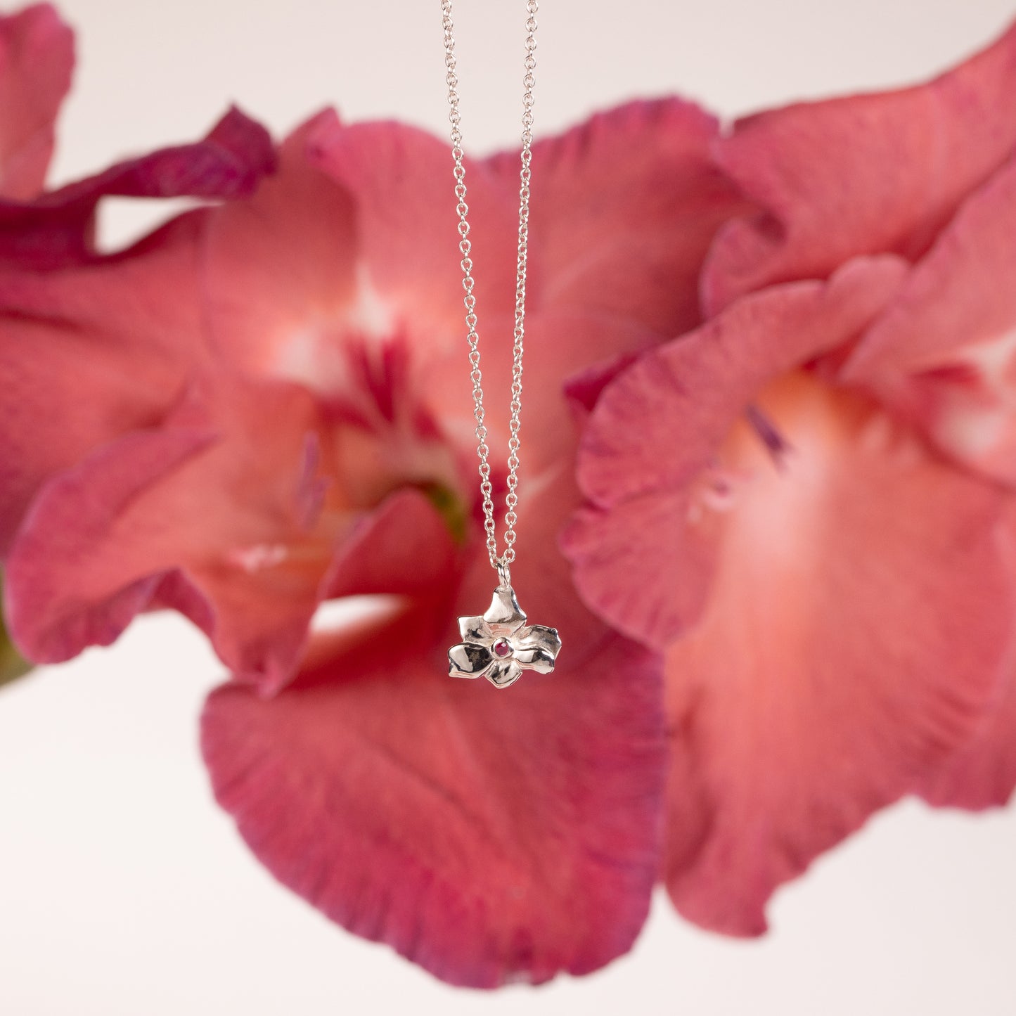 40th Anniversary Gift - Gladiolus Flower Necklace & Ruby - Silver