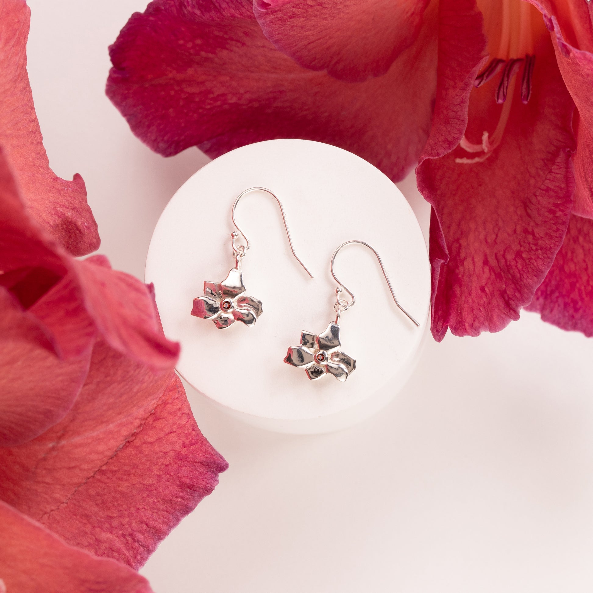 Ruby Anniversary Gift - Gladiolus Flower Earrings & Ruby - Silver