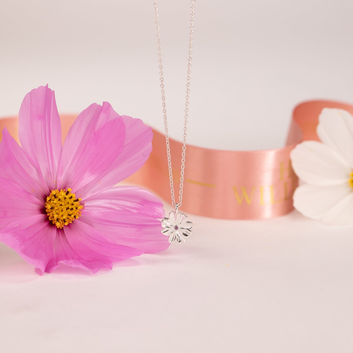 October Birth Flower & Birthstone Necklace - Cosmos & Tourmaline - Silver