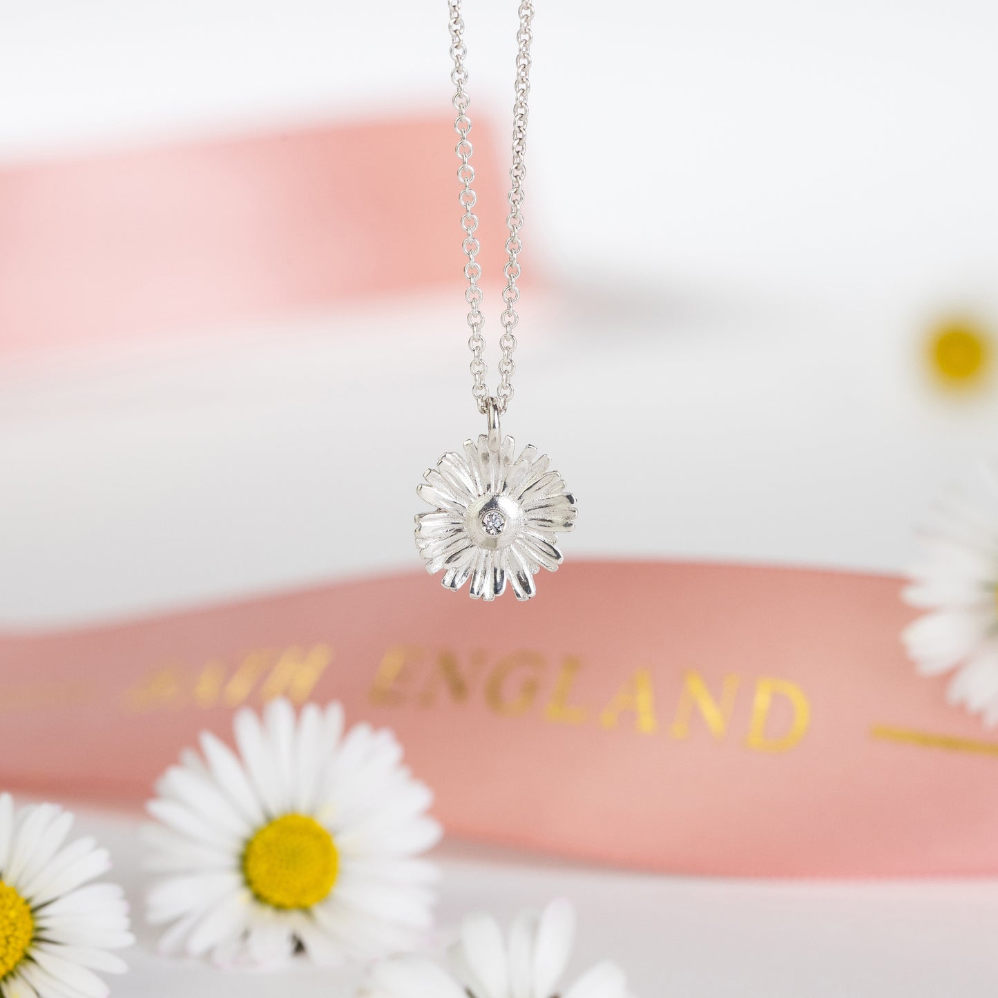 April Birth Flower & Birthstone Necklace - Daisy & Diamond - Silver