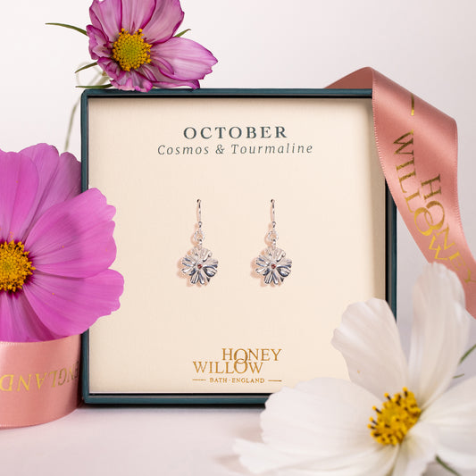 October Birth Flower & Birthstone Earrings - Cosmos & Tourmaline - Silver