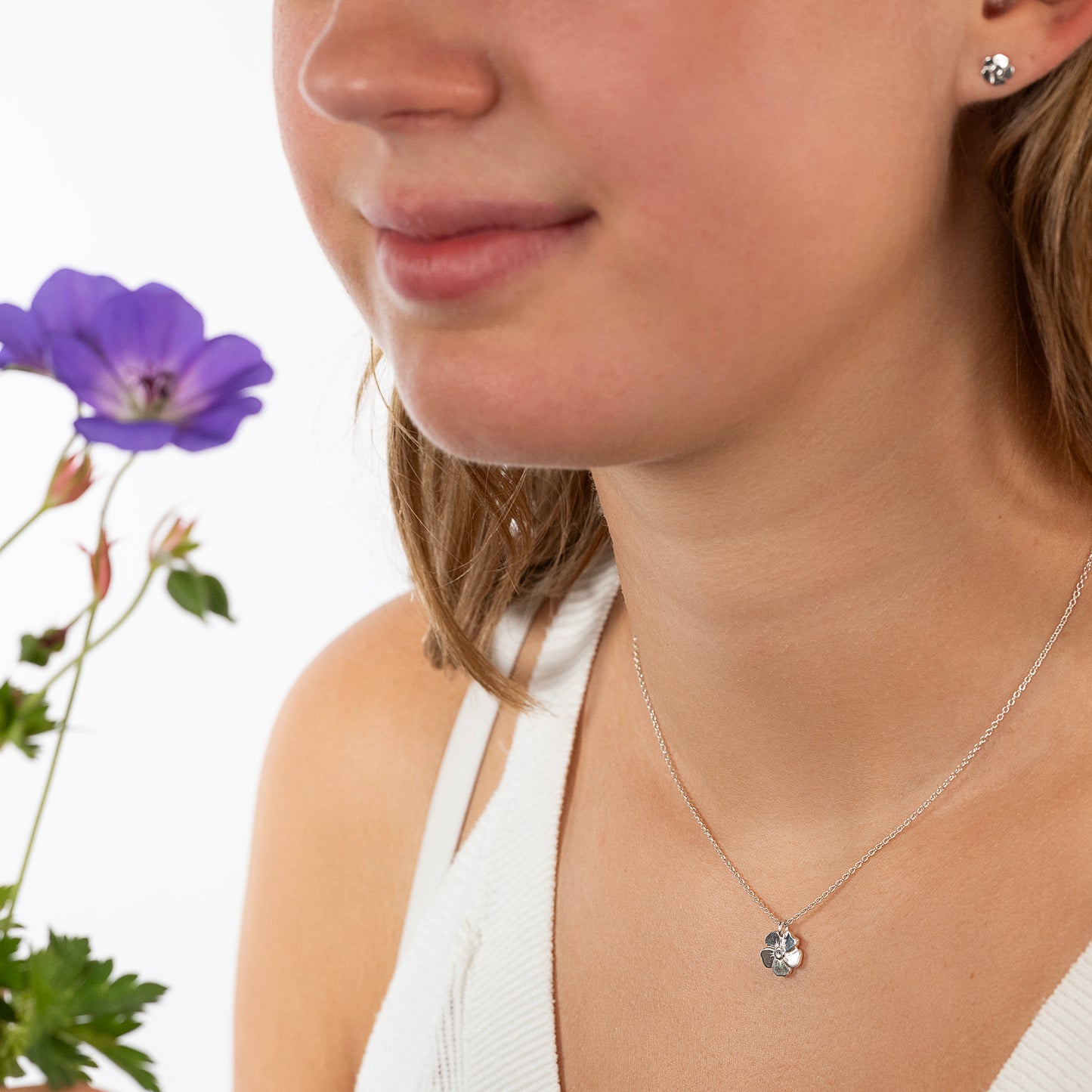 4 Year Work Anniversary Gift - Geranium Flower Necklace - Silver