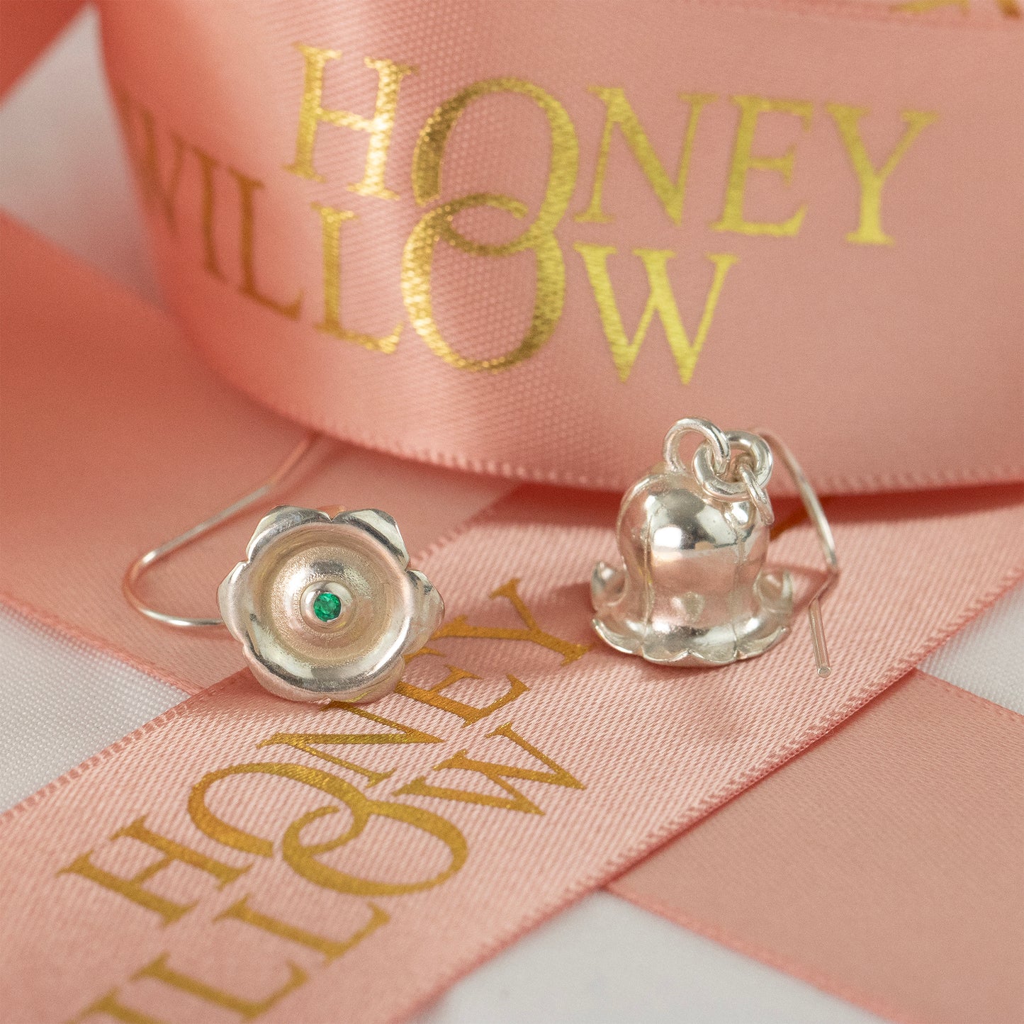 May Birth Flower & Birth Stone Earrings Lily of the Valley & Emerald Honey Willow handmade