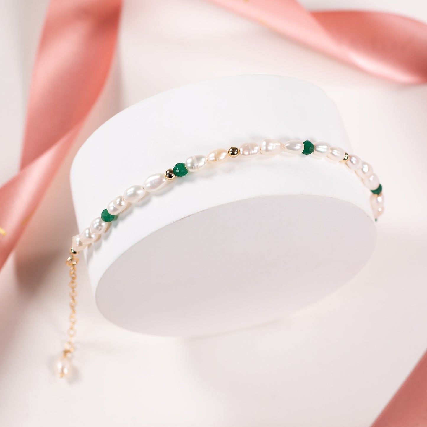 May Birthstone Bracelet - Seed Pearl & Emerald - Silver & Gold