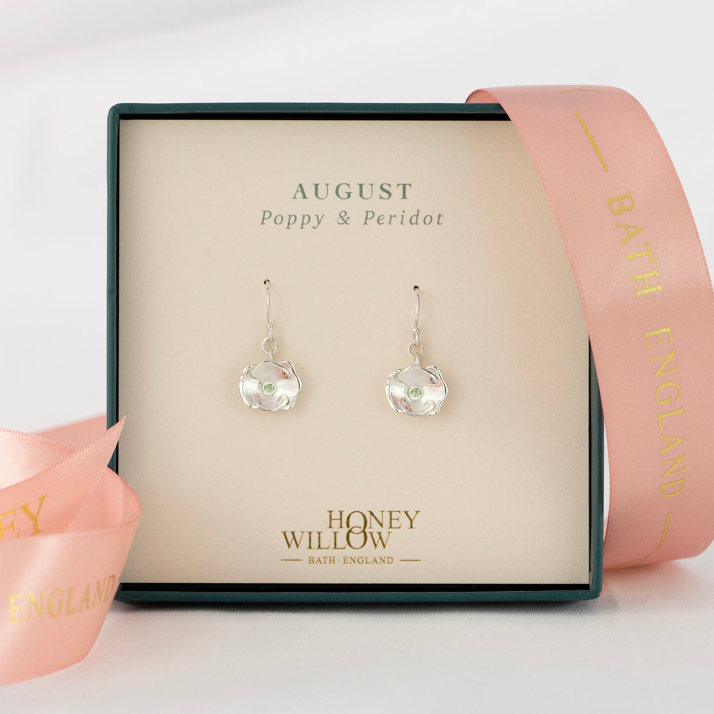 August Birth Flower & Birthstone Earrings - Poppy & Peridot- Silver