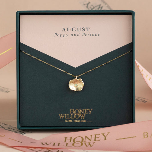 August Birth Flower & Birthstone Necklace - Poppy & Peridot - 9kt Gold