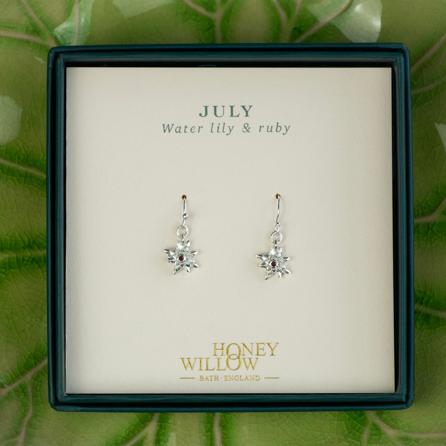 July Birth Flower & Birthstone Earrings - Water Lily & Ruby - Silver