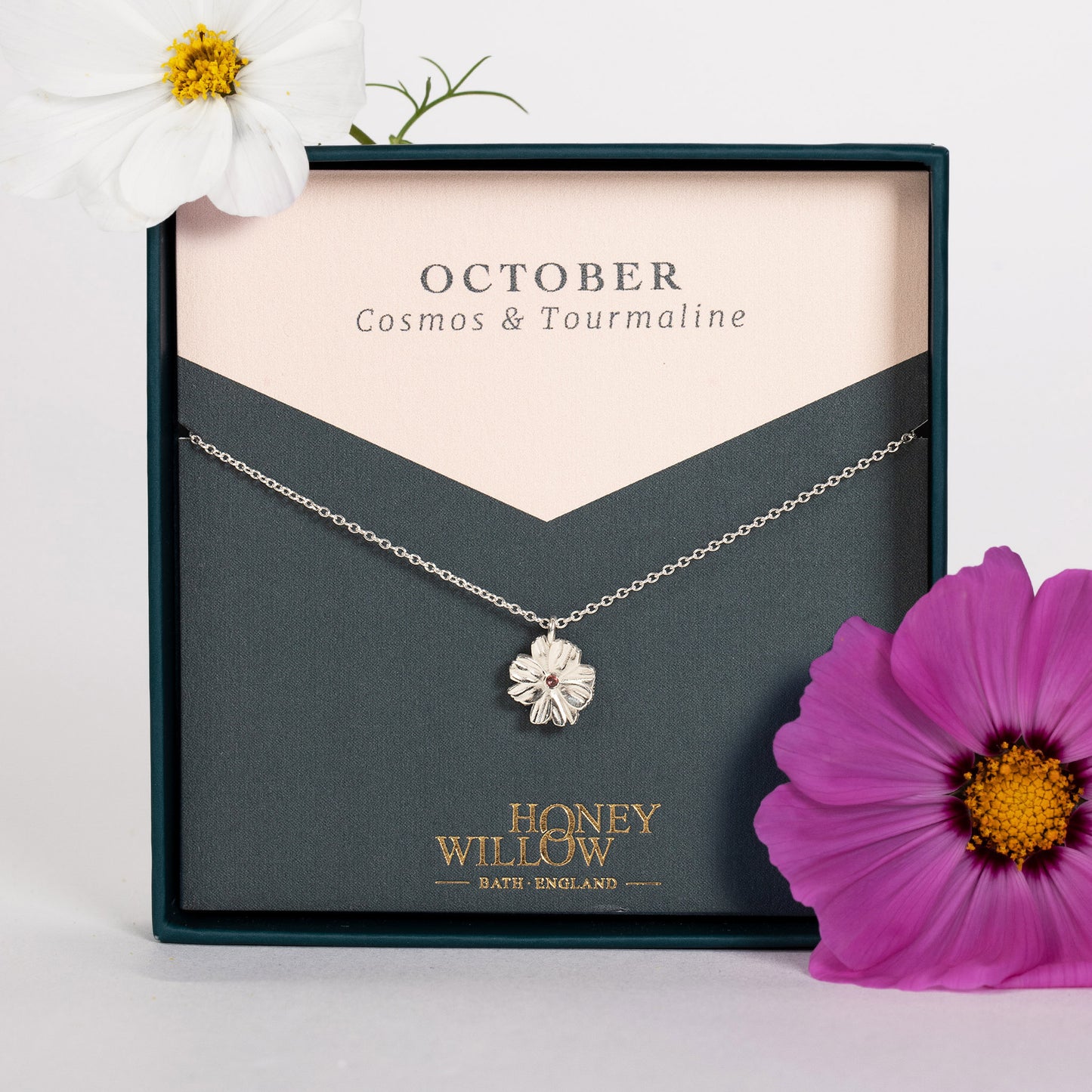 October Birth Flower & Birthstone Necklace - Cosmos & Tourmaline - Silver