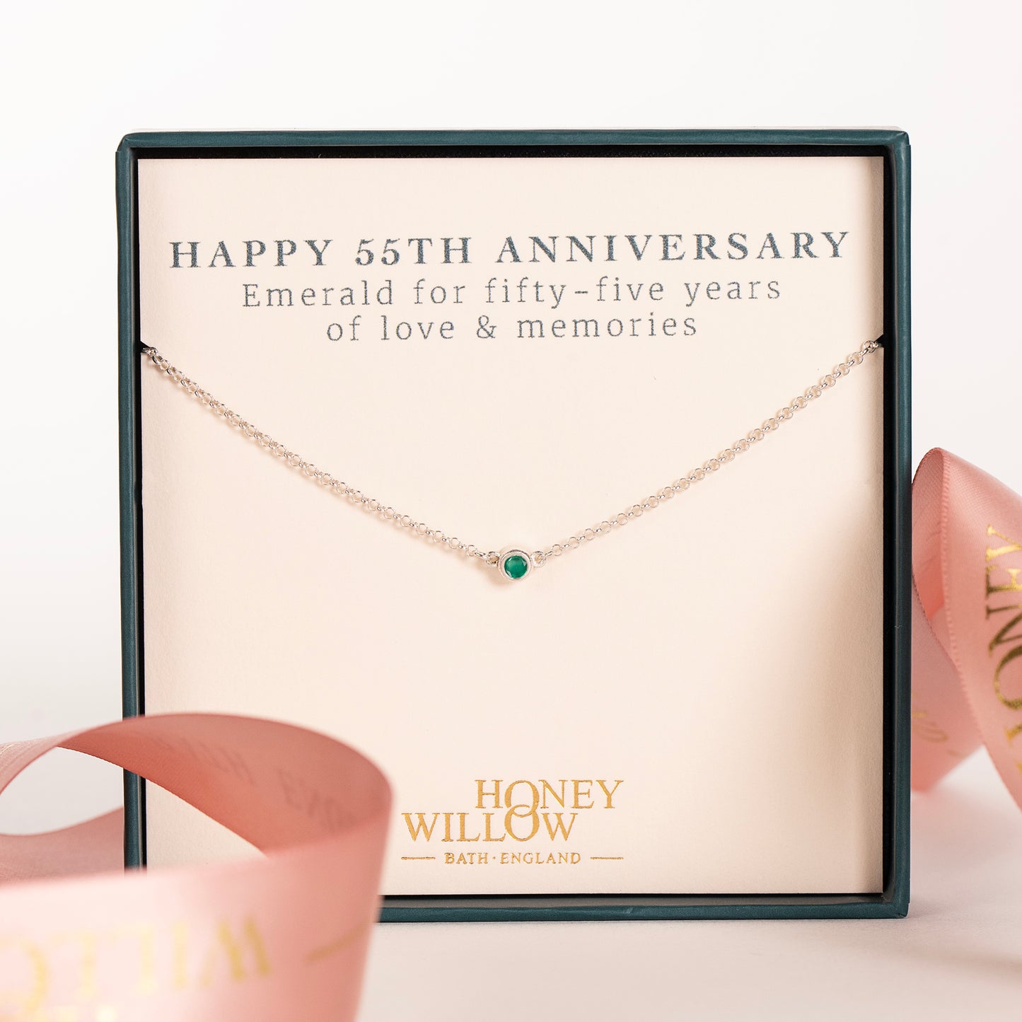 55th Anniversary Necklace - Single Emerald Solitaire - Silver