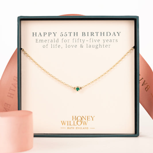 55th Birthday Necklace - Single Emerald Solitaire - 9kt Gold