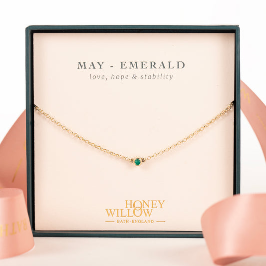 May Birthstone Necklace - Single Emerald Solitaire - 9kt Gold