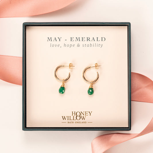 May Birthstone Earrings - Emerald Gold Hoops - 1.5cm