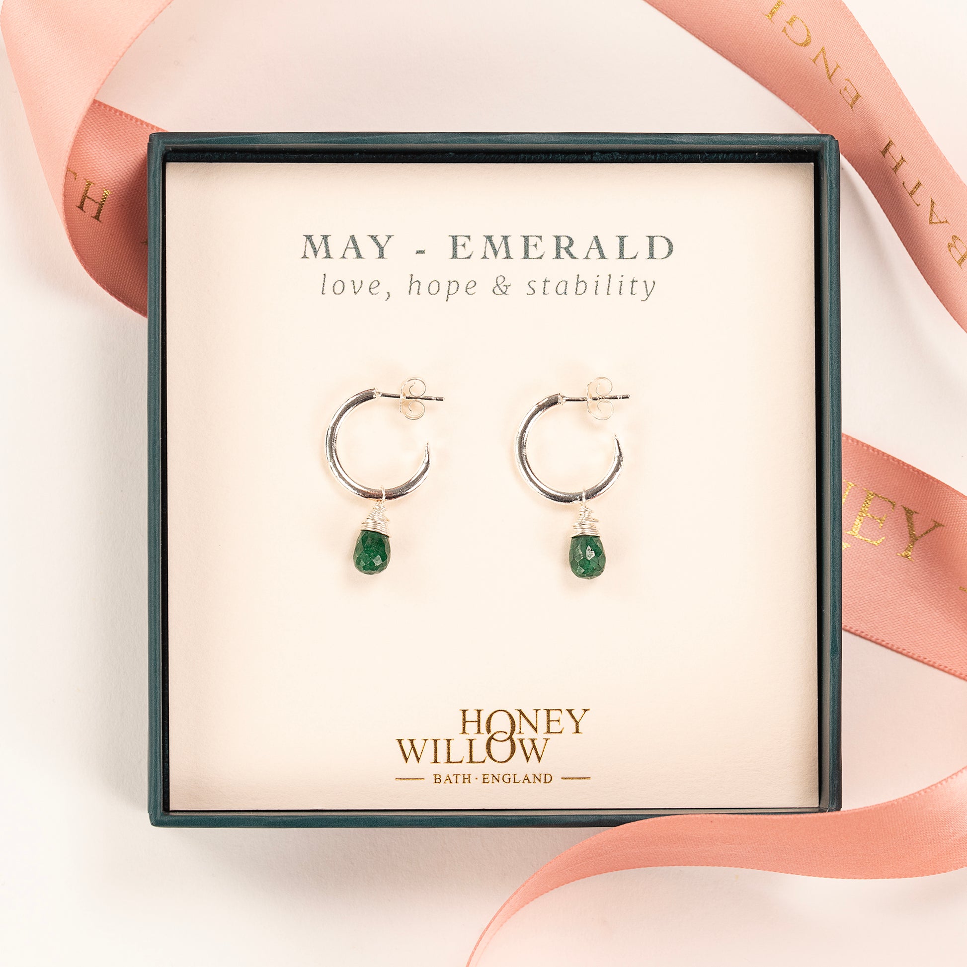 May Birthstone Earrings - Emerald Silver Hoops - 1.5cm