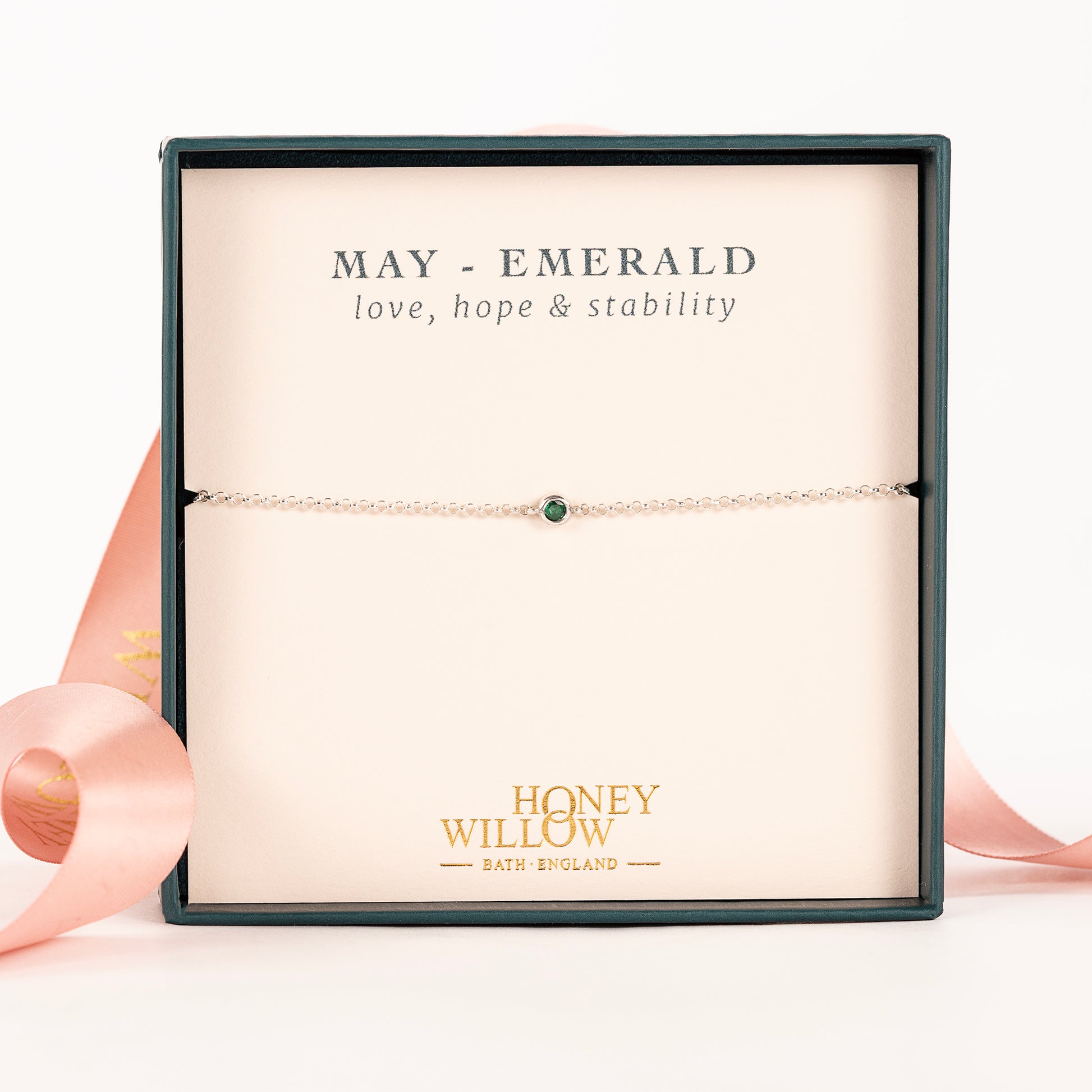 May Birthstone Bracelet - Single Emerald Solitaire - Silver