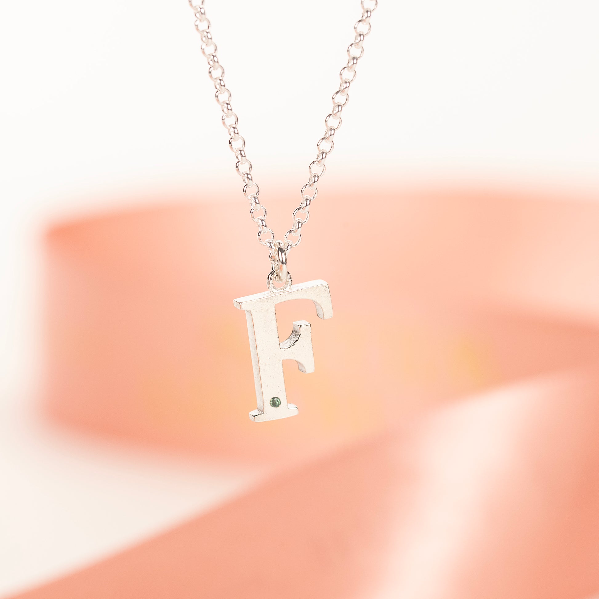 F Initial Charm & Birthstone Necklace - Silver