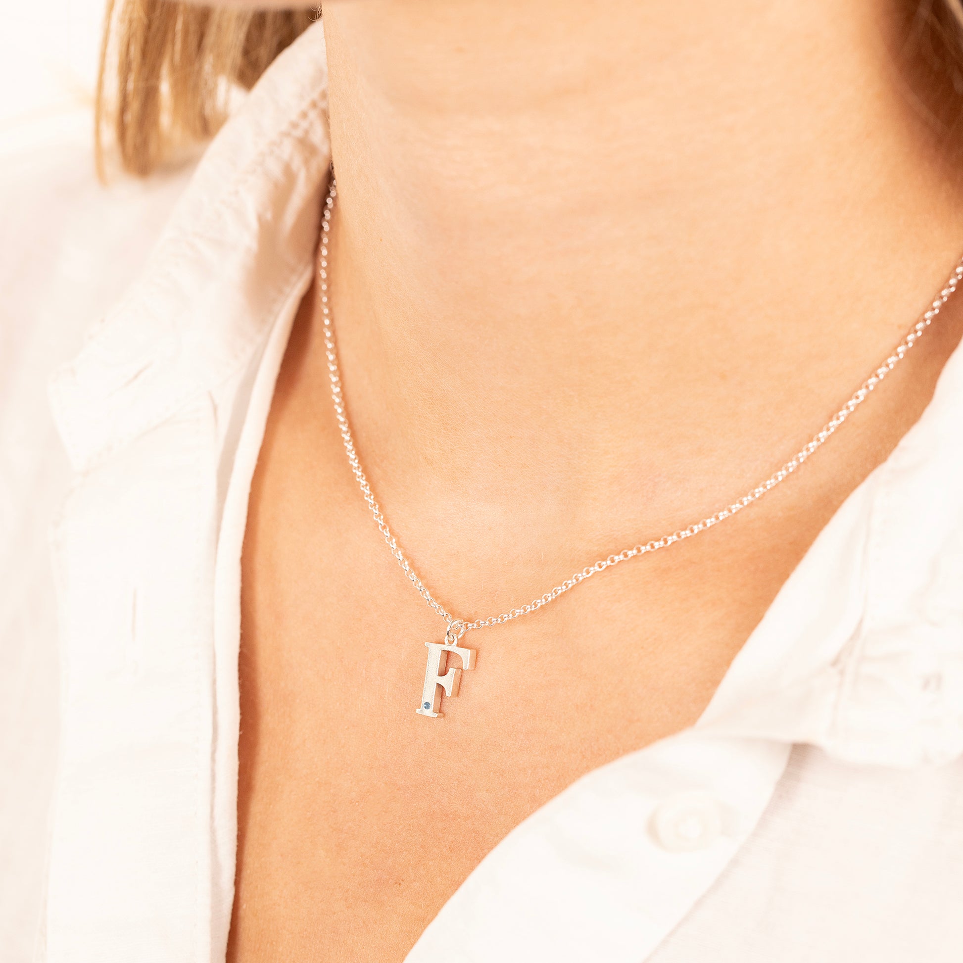 F Initial Letter & Birthstone Necklace - Silver