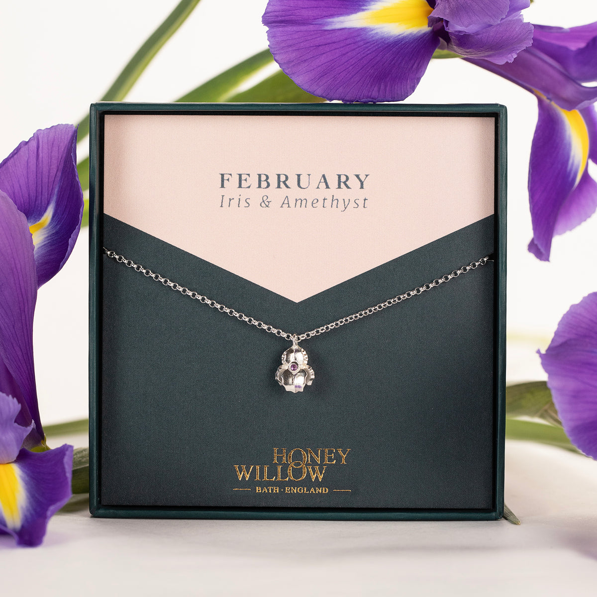 February Birth Flower & Birthstone Necklace - Iris & Amethyst - Silver