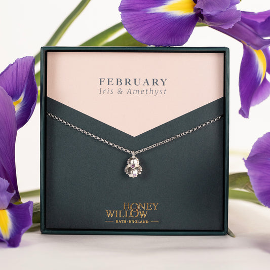 February Birth Flower & Birthstone Necklace - Iris & Amethyst - Silver