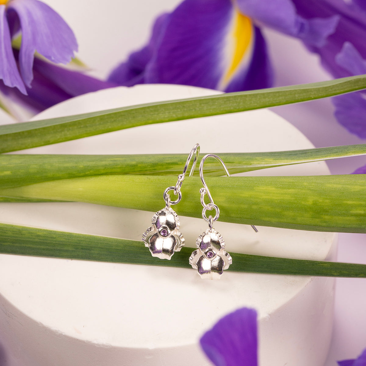 February Birth Flower & Birthstone Earrings - Iris & Amethyst - Silver