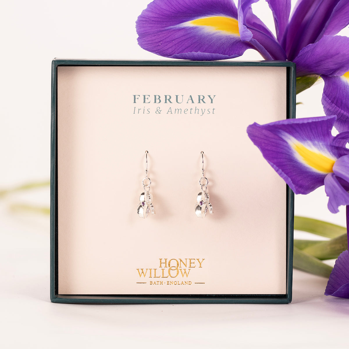 February Birth Flower & Birthstone Earrings - Iris & Amethyst - Silver