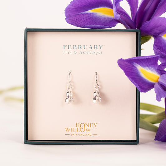 February Birth Flower & Birthstone Earrings - Iris & Amethyst - Silver