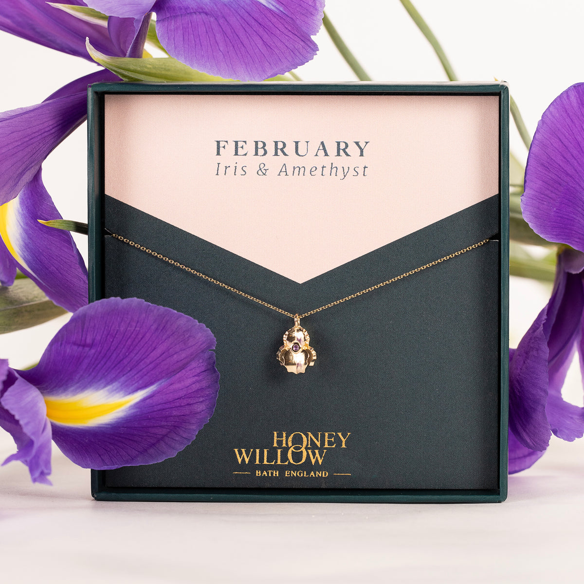February Birth Flower & Birthstone Necklace - Iris & Amethyst - 9kt Gold