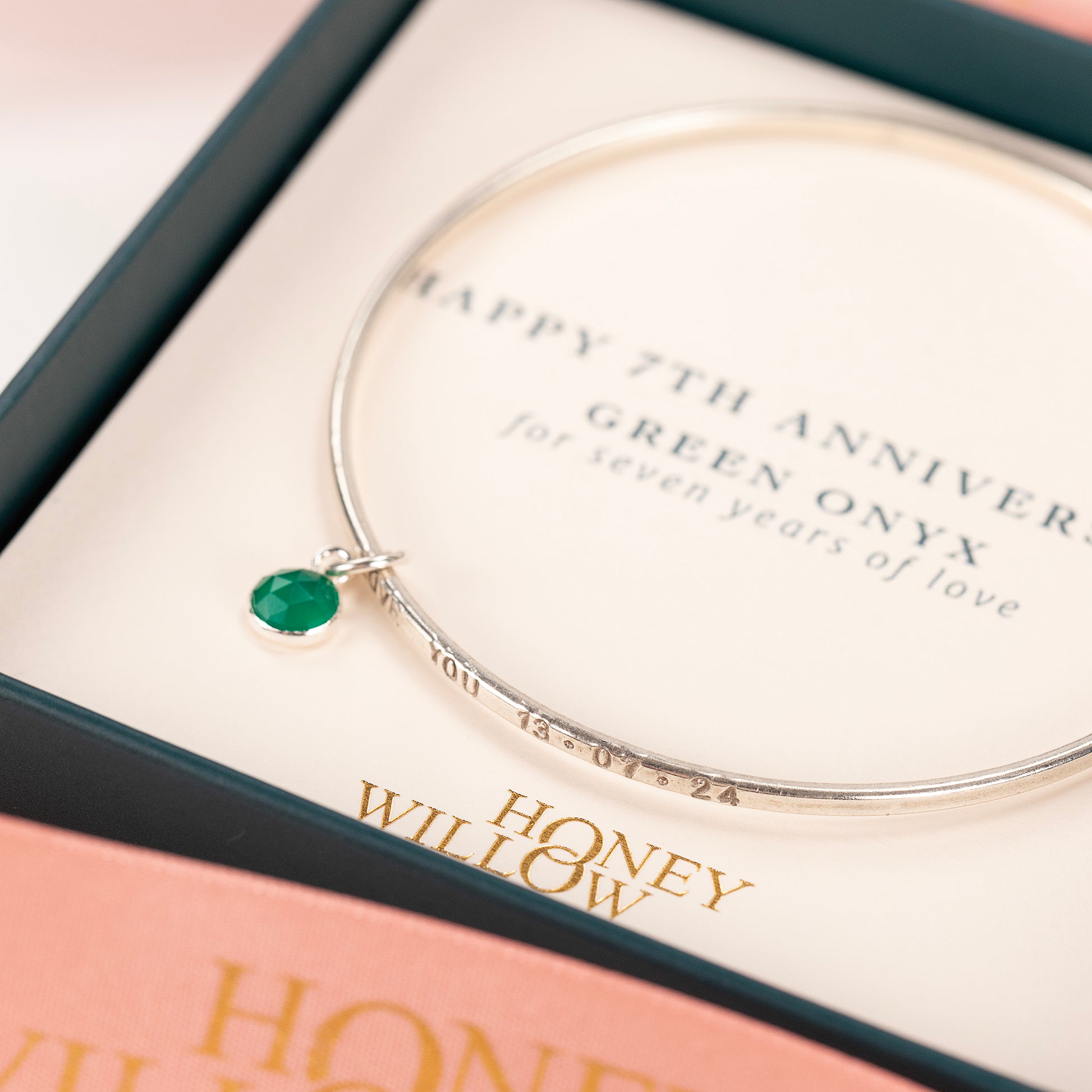 7th Anniversary Gift - Personalised Green Onyx Bangle - Silver
