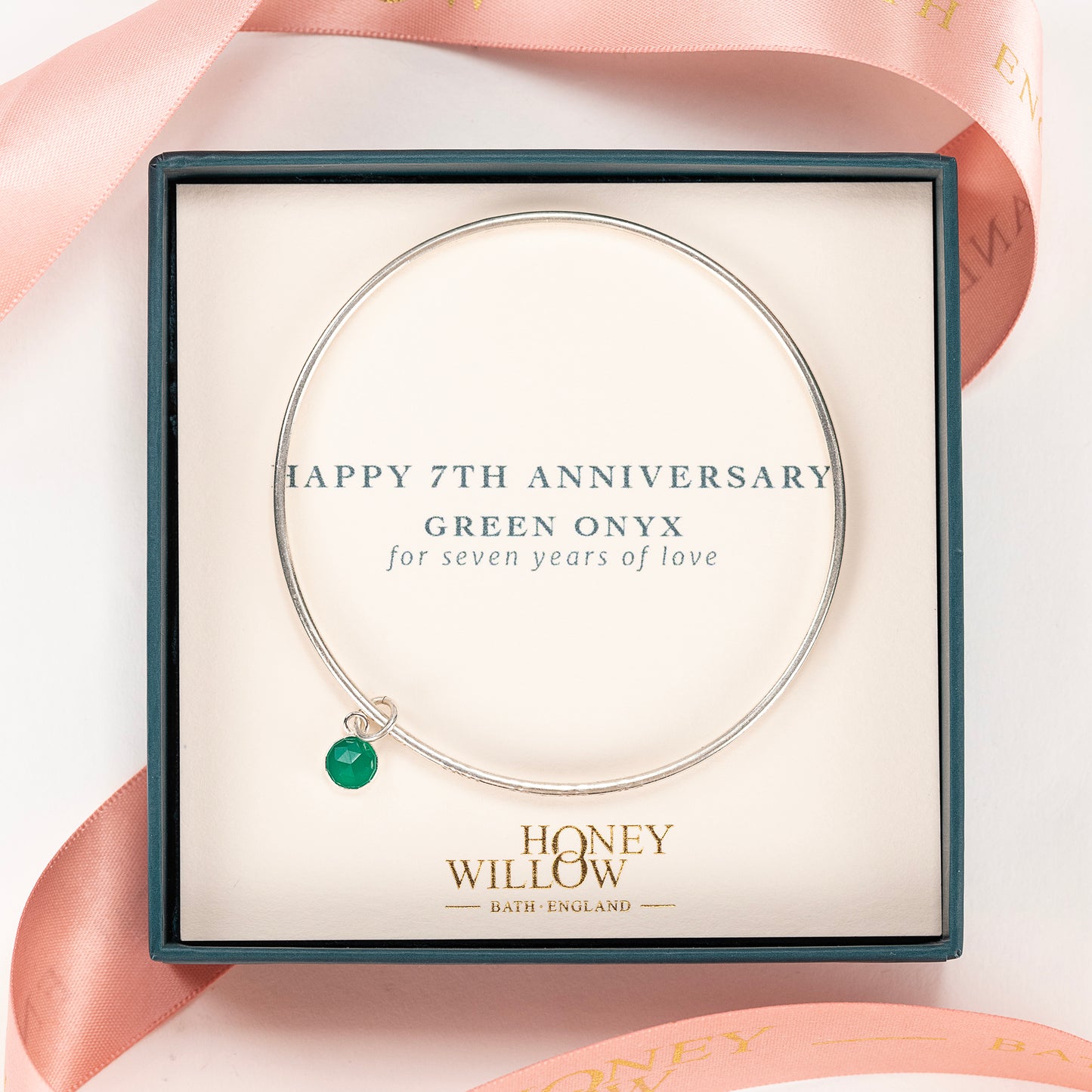 7th Anniversary Gift - Personalised Green Onyx Bangle - Silver