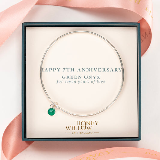 7th Anniversary Gift - Personalised Green Onyx Bangle - Silver
