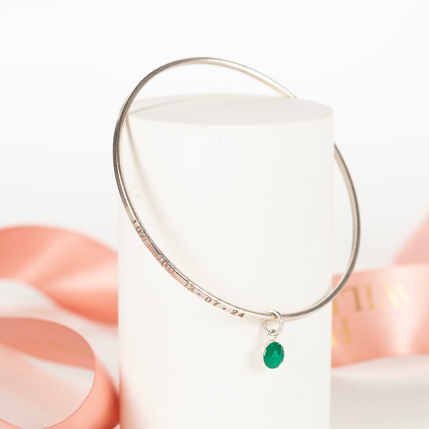 7th Anniversary Gift - Personalised Green Onyx Bangle - Silver