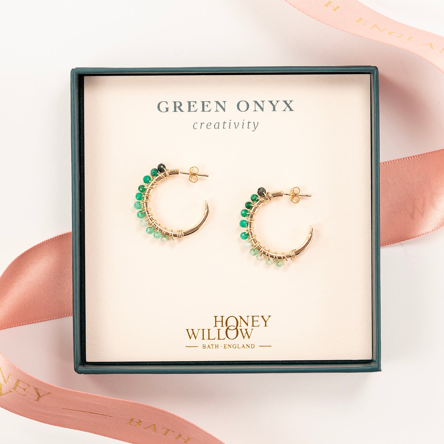 Green Onyx Hoop Earrings - Creativity - Silver & Gold - 2cm