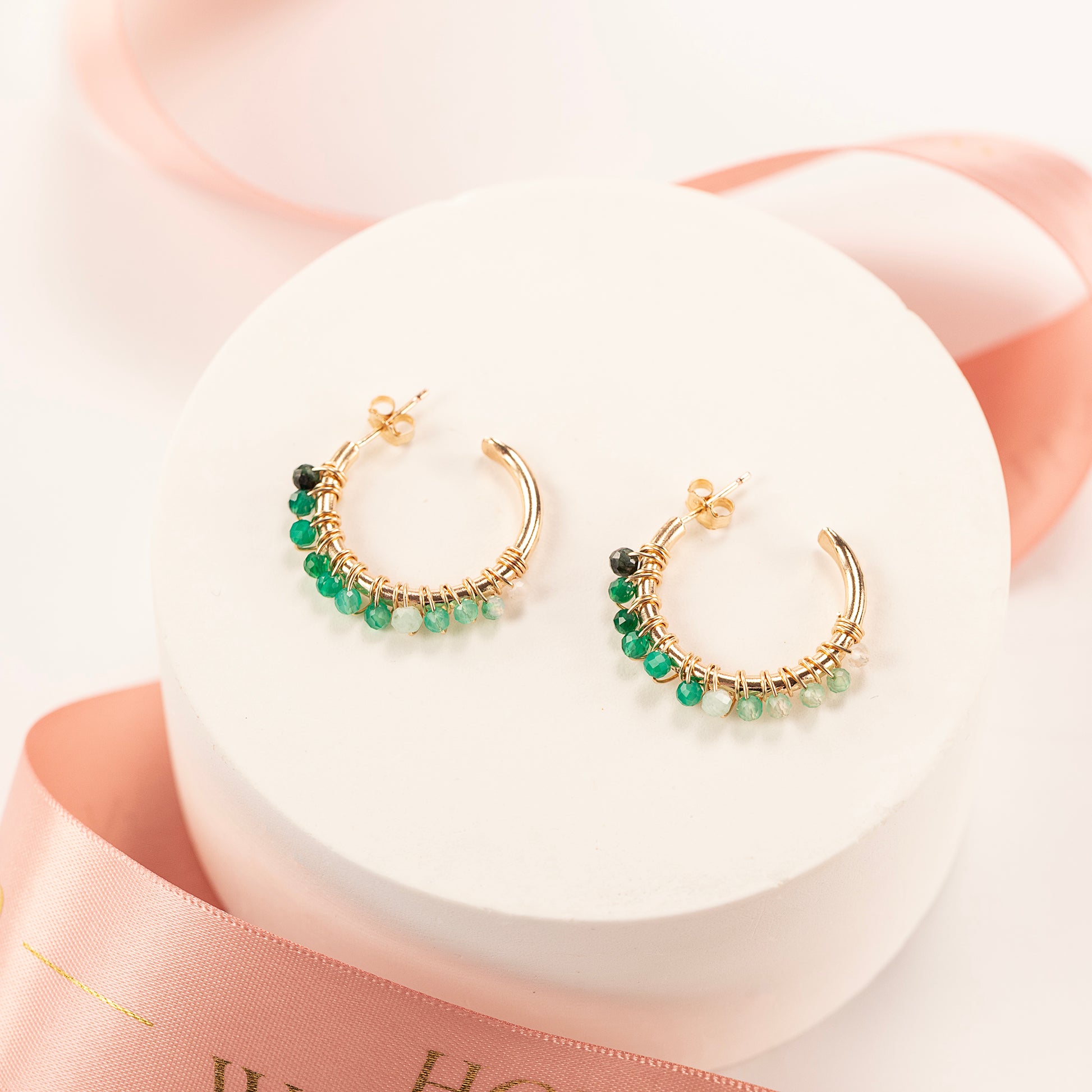 Green Onyx Hoop Earrings - Creativity - Silver & Gold - 2cm