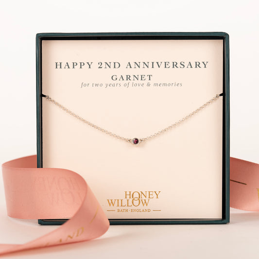 2nd Anniversary Necklace - Single Garnet Solitaire - Silver