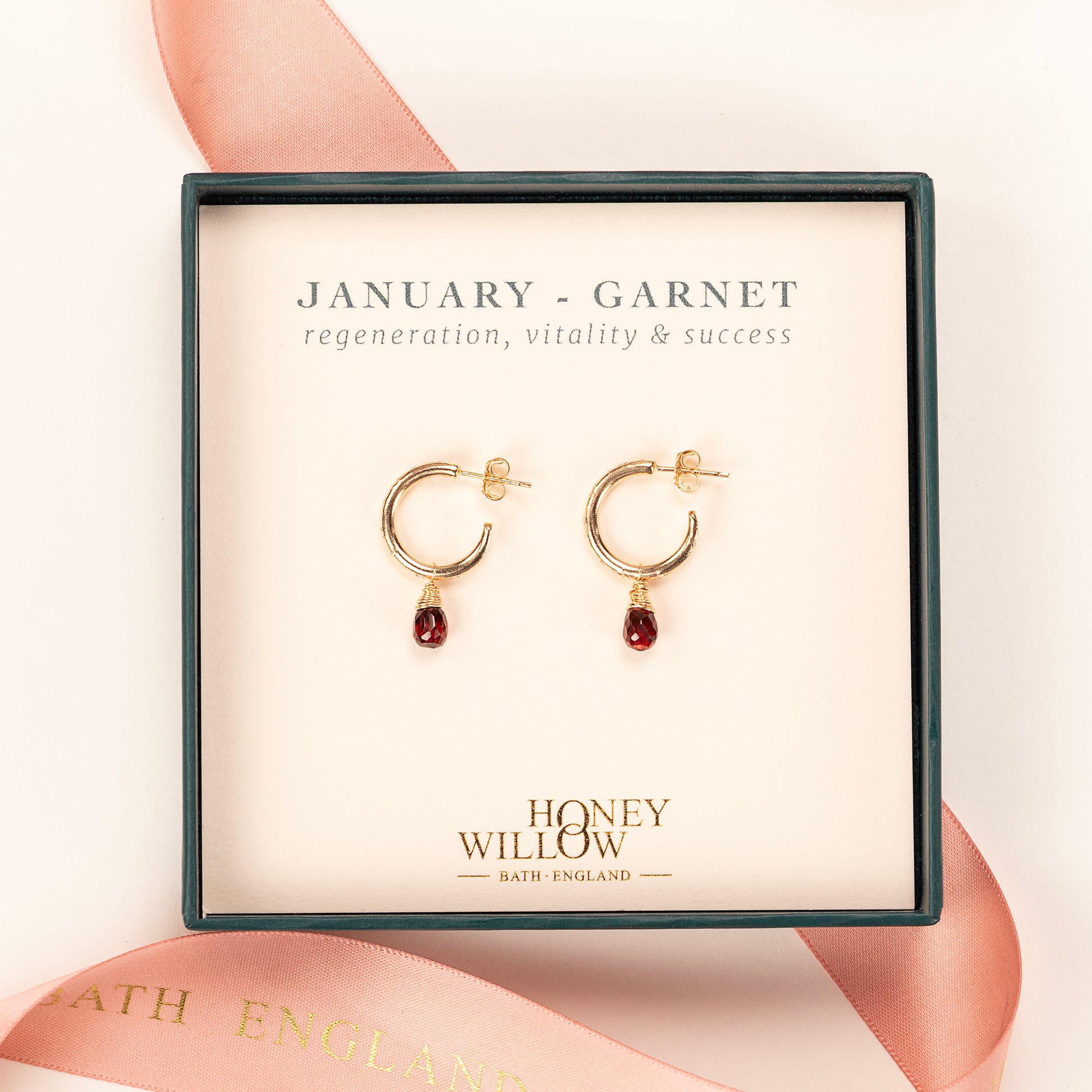 January Birthstone Earrings - Garnet Gold Hoops - 1.5cm