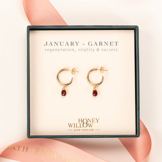 January Birthstone Earrings - Garnet Gold Hoops - 1.5cm