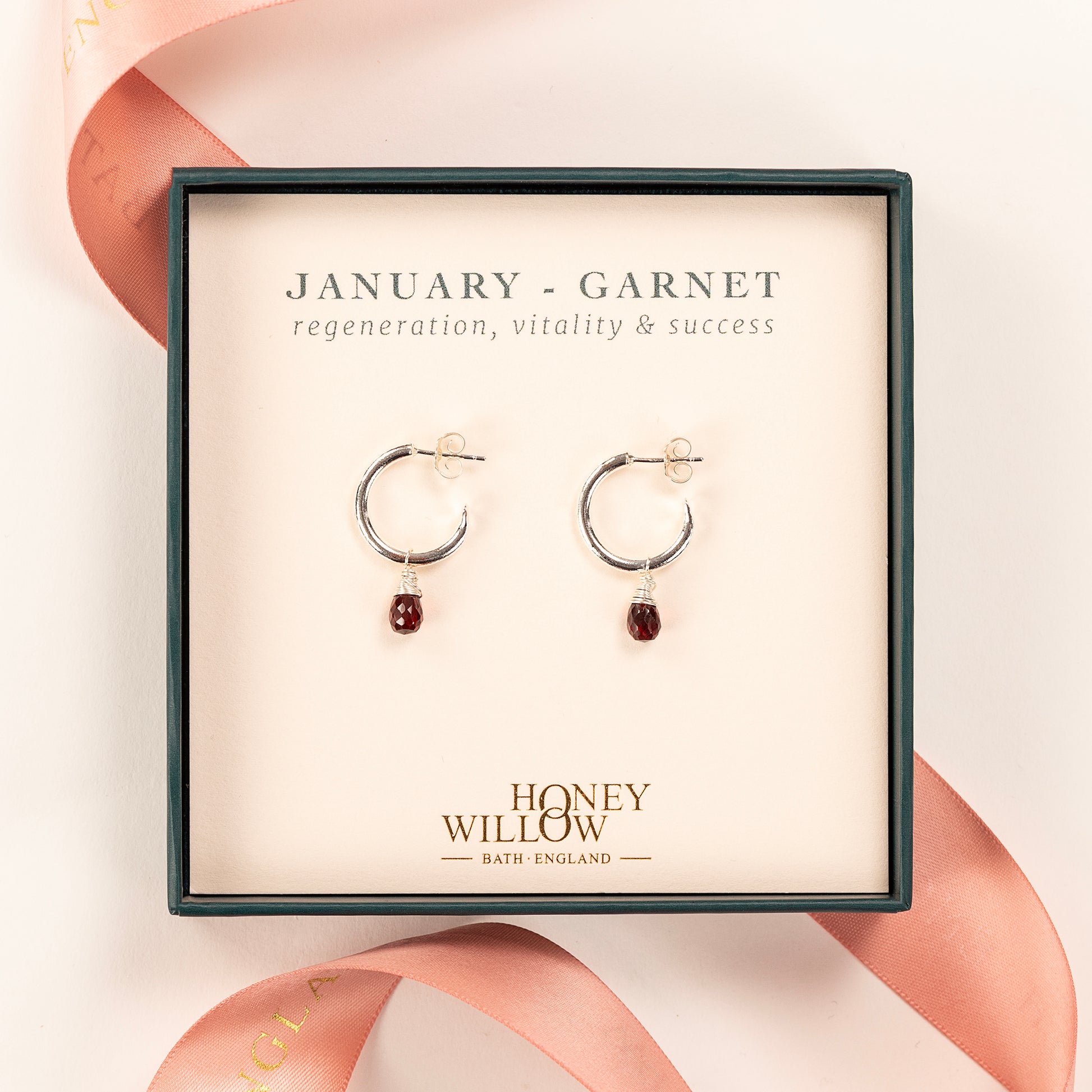 January Birthstone Earrings - Garnet Silver Hoops - 1.5cm
