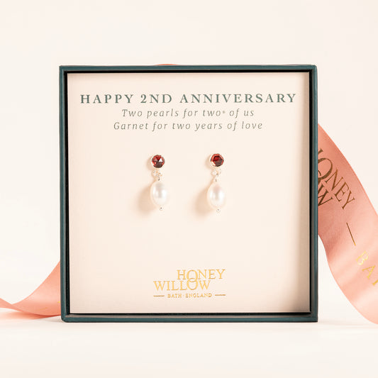 2nd Anniversary Gift - Garnet & Pearl Earrings - Silver & Gold
