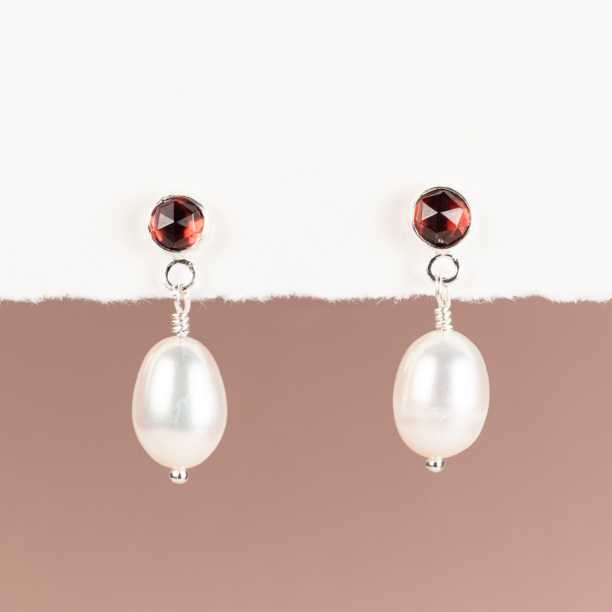 2nd Anniversary Gift - Garnet & Pearl Earrings - Silver & Gold