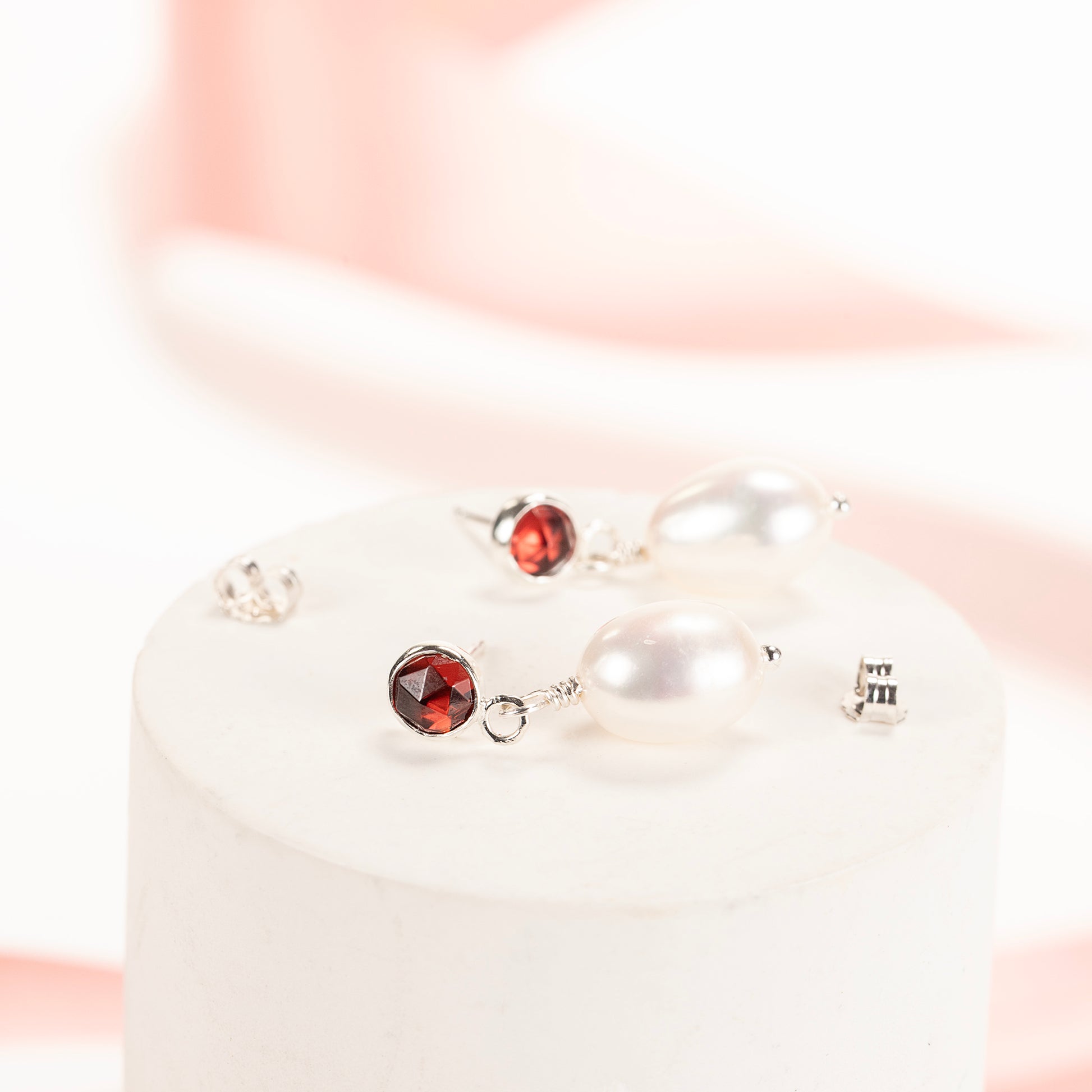 Garnet & Pearl Earrings - Regeneration - Silver & Gold