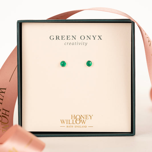 Green Onyx Stud Earrings - Creativity - Silver & Gold